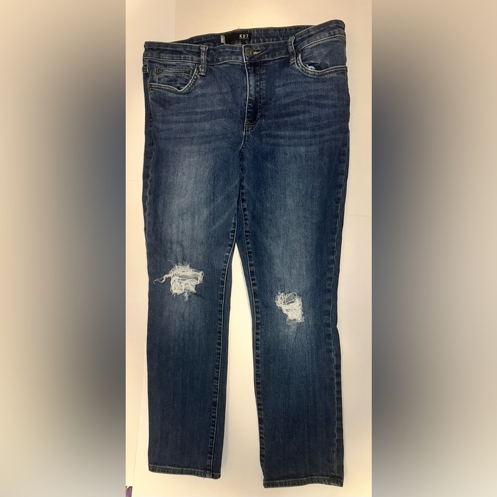 KUT from the Kloth Catherine High Rise Boyfriend Jeans Distressed Blue Size 12